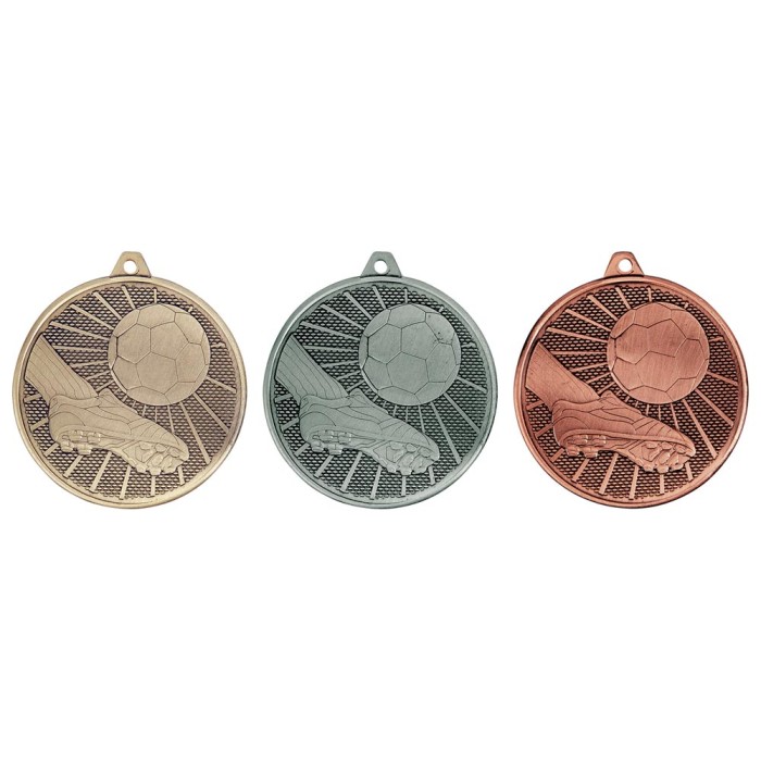 50MM FORMATION FOOTBALL BALL AND BOOT MEDAL - GOLD, SILVER & BRONZE